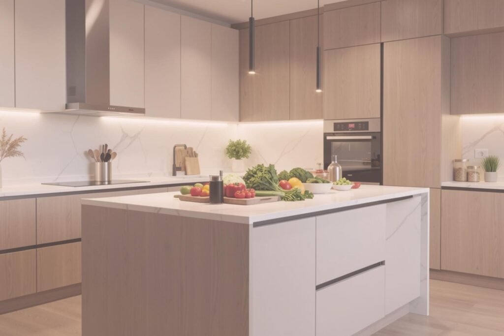 Gezonde maaltijd met groenten en fruit op een keukeneiland