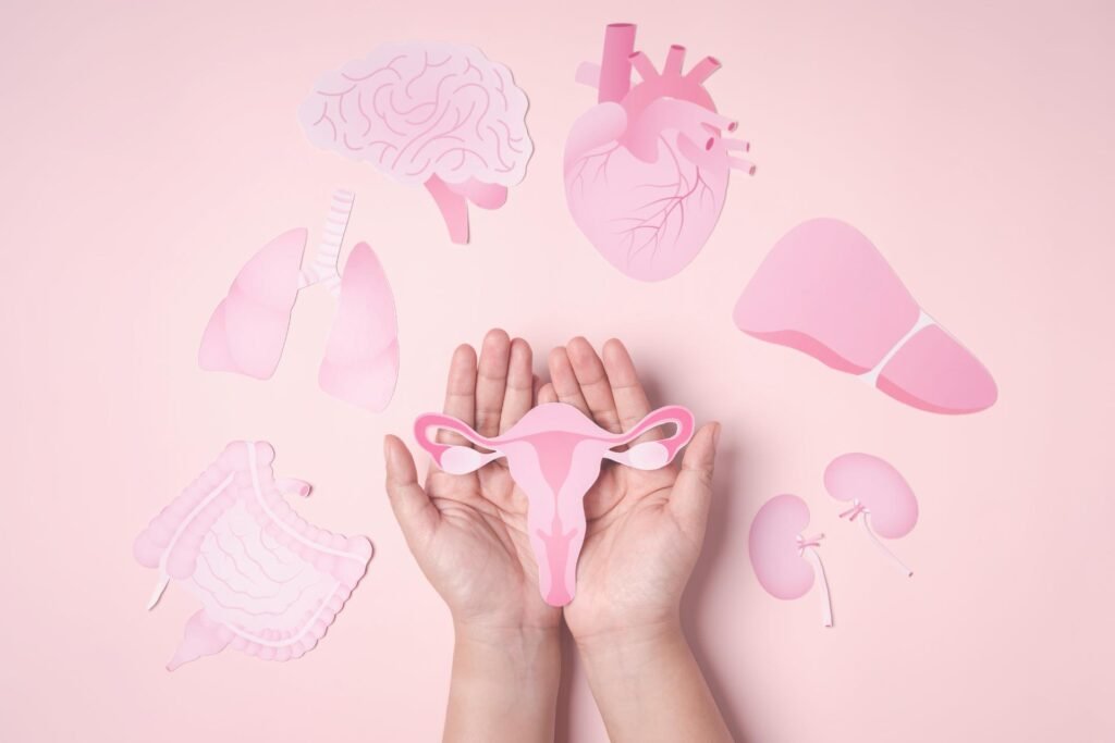 Handen houden een anatomisch symbool van de baarmoeder vast tegen een zachte roze achtergrond.